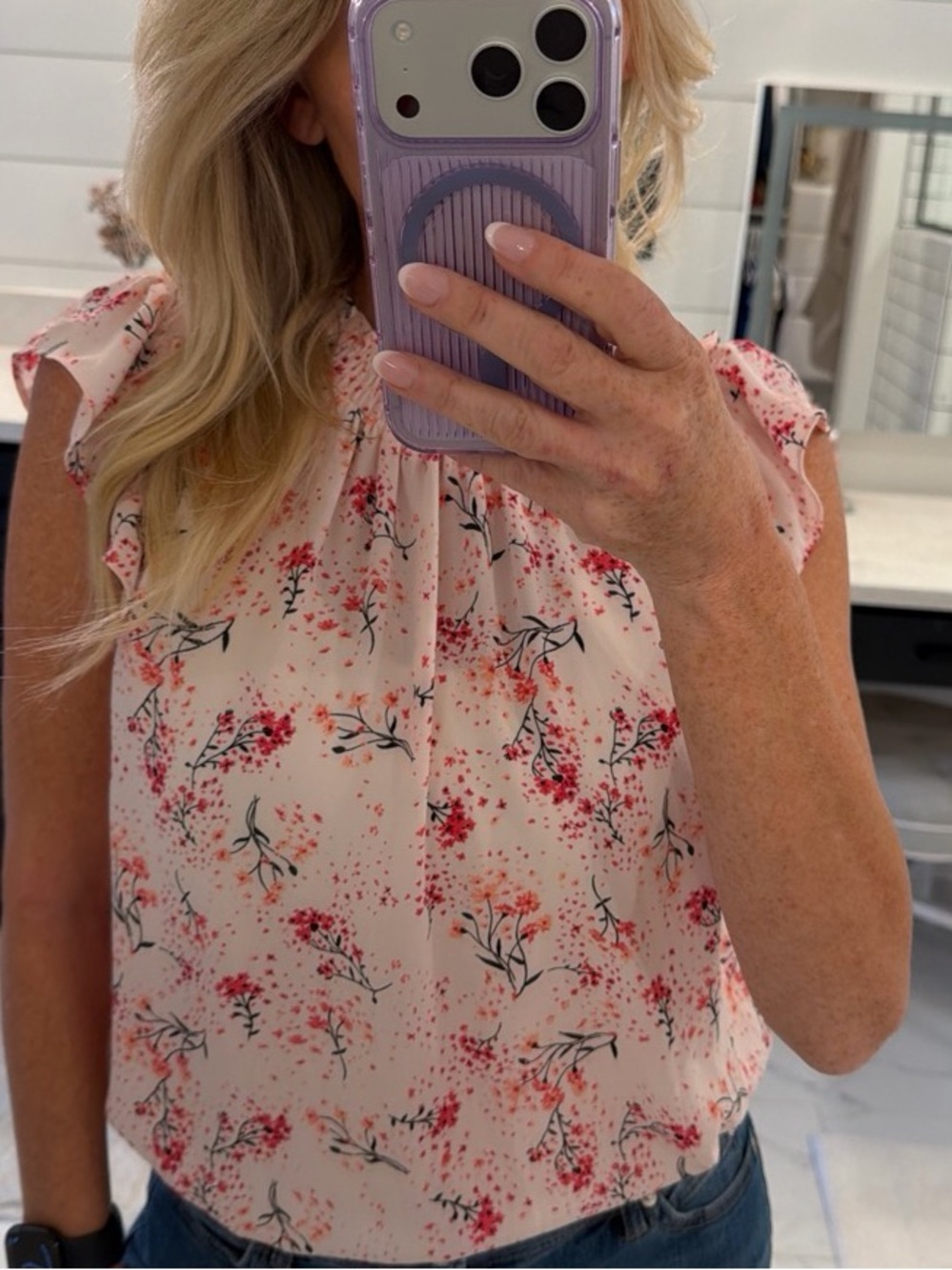LOFT Pink Floral Flutter Sleeve Blouse
